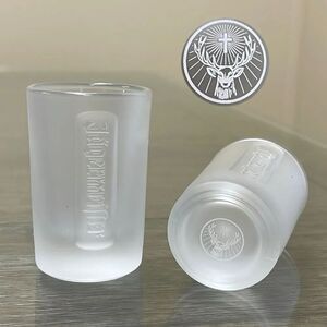 Pair of Embossed Jagermeister Frosted Glass 1 fl. oz Shot Glasses Barware Bar